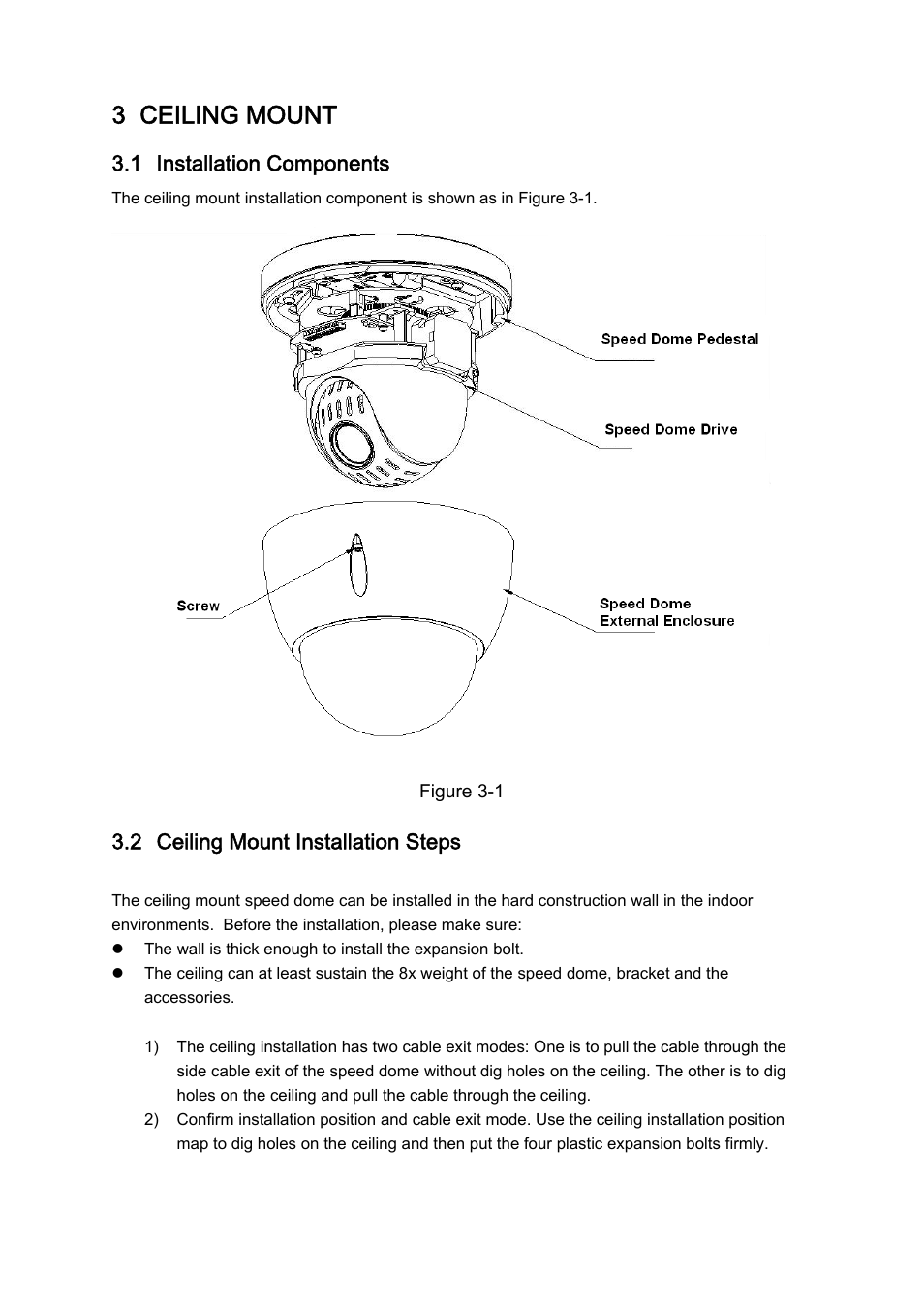 3 ceiling mount, 1 installation components, 2 ceiling mount installation steps | IC Realtime 2 Megapixel Mini Network PTZ Dome Camera (ICIPP2012S) User Manual | Page 15 / 30