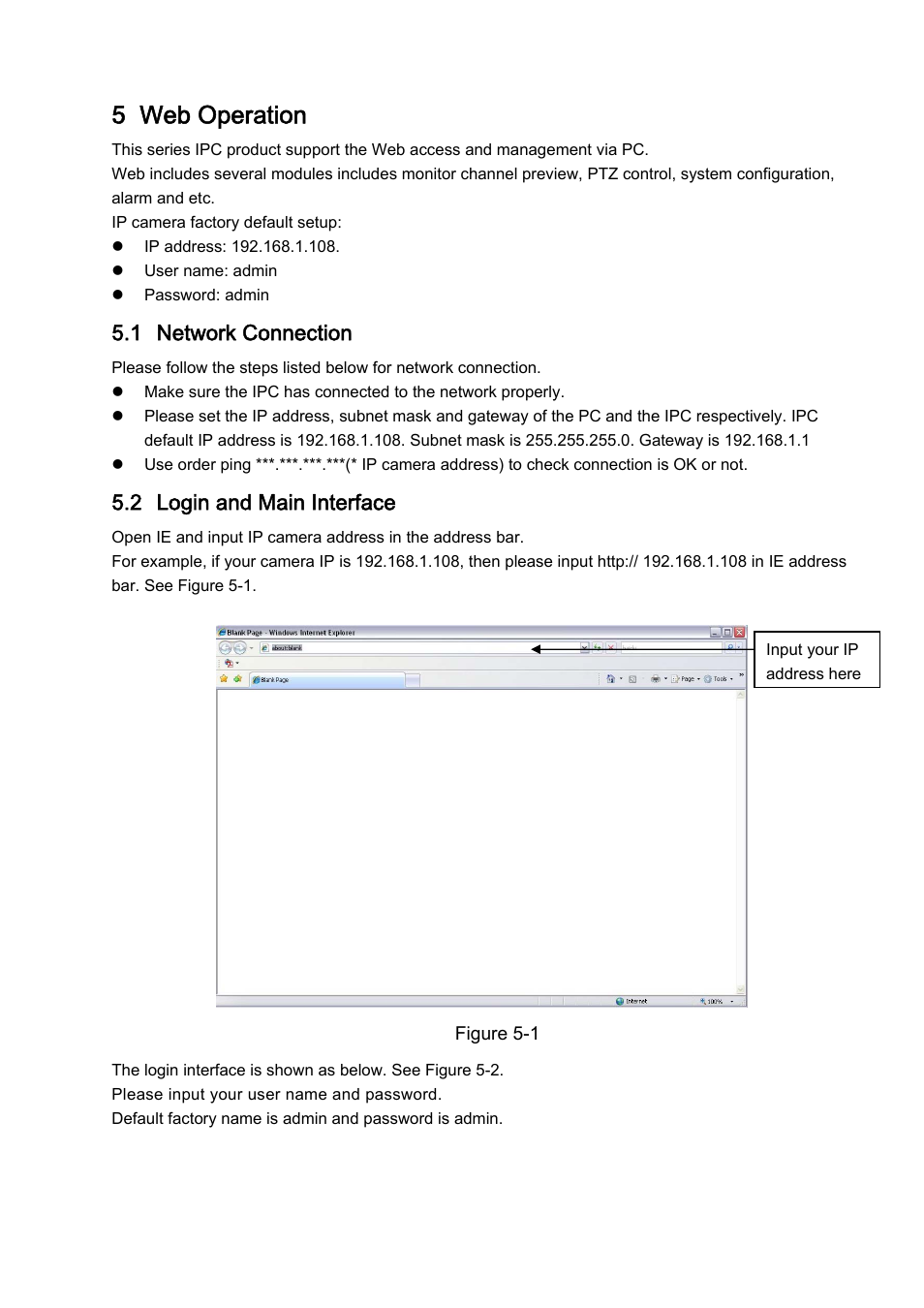 5 web operation, 1 network connection, 2 login and main interface | IC Realtime 2 Megapixel Full HD Network Mini Dome Camera (ICIPD2000) User Manual | Page 23 / 27