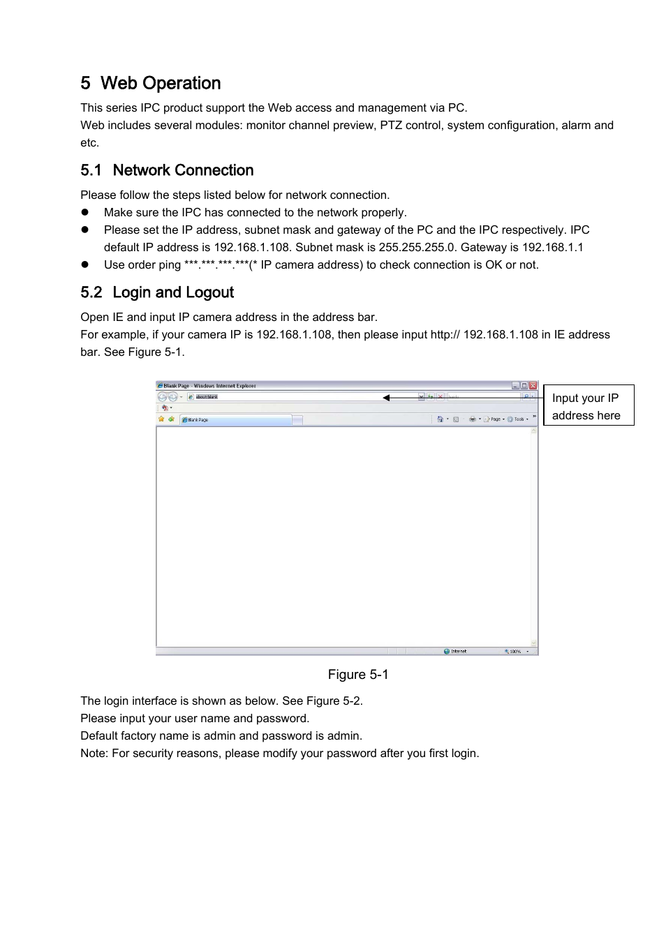 5 web operation, 1 network connection, 2 login and logout | IC Realtime 2 MegaPixel 3.3-12mm VF Full HD Vandal Proof IP Bullet Camera with IR & POE (ICIPB2000) User Manual | Page 24 / 28