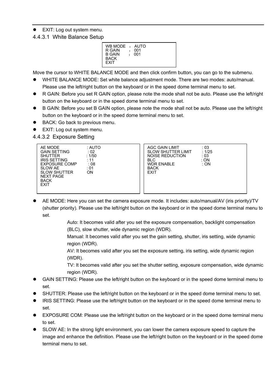 1 white balance setup, 2 exposure setting | IC Realtime 2Mp Full HD 20x/30x Network PTZ Dome Camera (ICIP2001HD) User Manual | Page 22 / 39