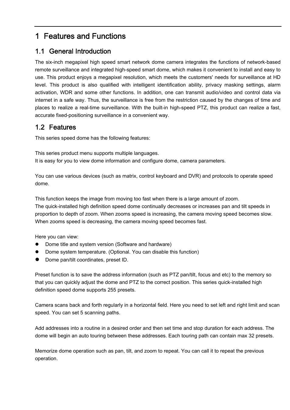 1 features and functions, 1 general introduction, 2 features | IC Realtime 2Mp Full HD 20x/30x Network PTZ Dome Camera (ICIP2001HD) User Manual | Page 7 / 39