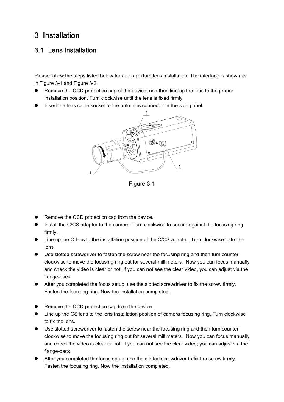3 installation, 1 lens installation | IC Realtime 1.3 Megapixel PoE WDR HD Network Camera (ICIPS1300WDR) User Manual | Page 27 / 41