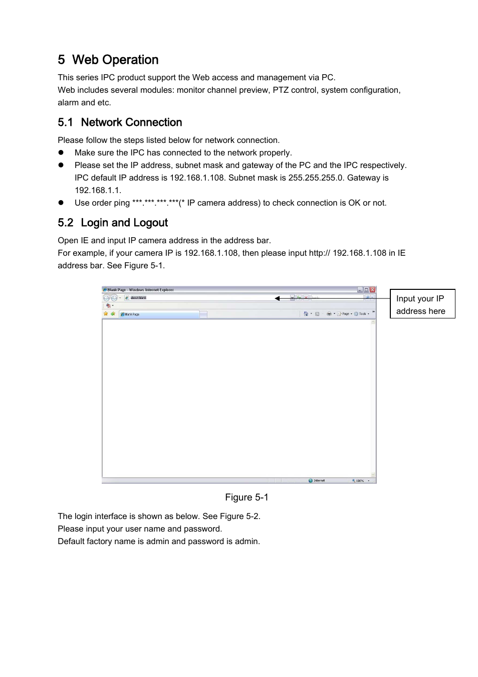 5 web operation, 1 network connection, 2 login and logout | IC Realtime 1.3 Megapixel PoE WDR HD Network Camera (ICIPS1300WDR) User Manual | Page 37 / 41