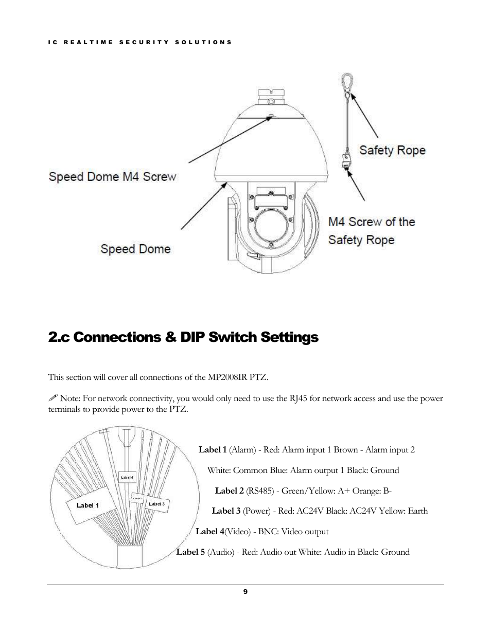 C connections & dip switch settings | IC Realtime 1.3Mp HD Cost-effective Network IR PTZ Dome Camera (ICIPM2008IR) User Manual | Page 12 / 19