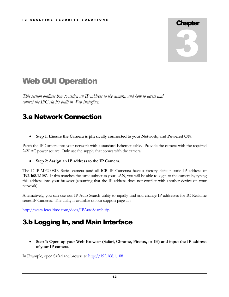 Web gui operation, A network connection, B logging in, and main interface | Chapter | IC Realtime 1.3Mp HD Cost-effective Network IR PTZ Dome Camera (ICIPM2008IR) User Manual | Page 15 / 19