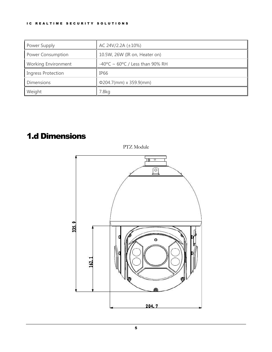 D dimensions | IC Realtime 1.3Mp HD Cost-effective Network IR PTZ Dome Camera (ICIPM2008IR) User Manual | Page 8 / 19