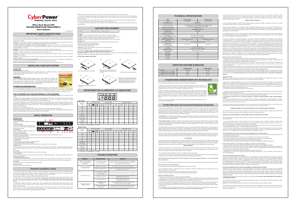 CyberPower Systems OR1000LCDRM1U User Manual | 1 page
