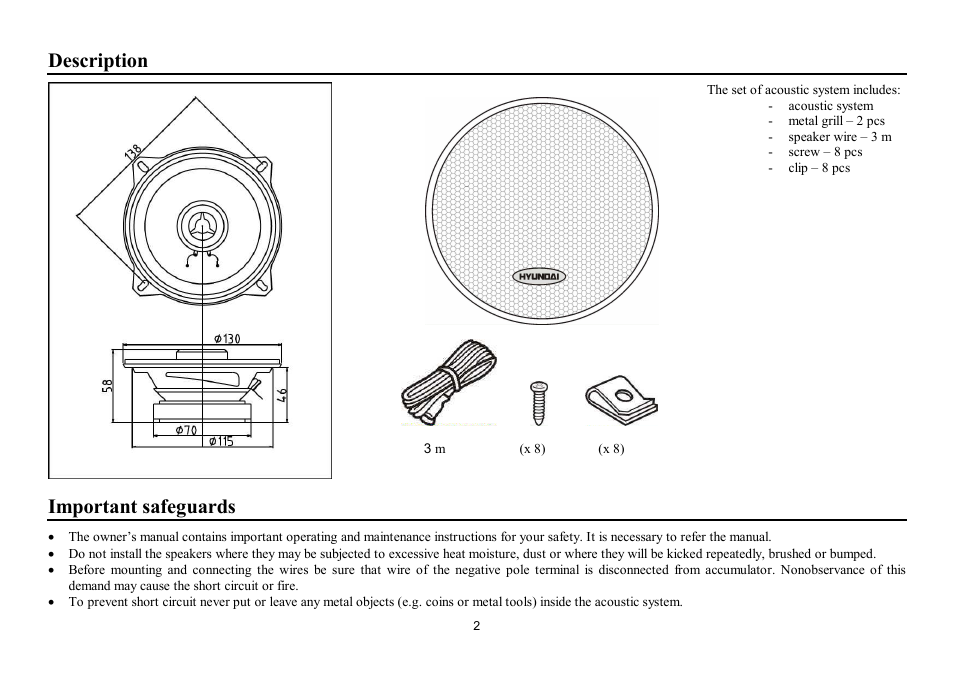 Description, Important safeguards | Hyundai H-CSD502 User Manual | Page 2 / 11