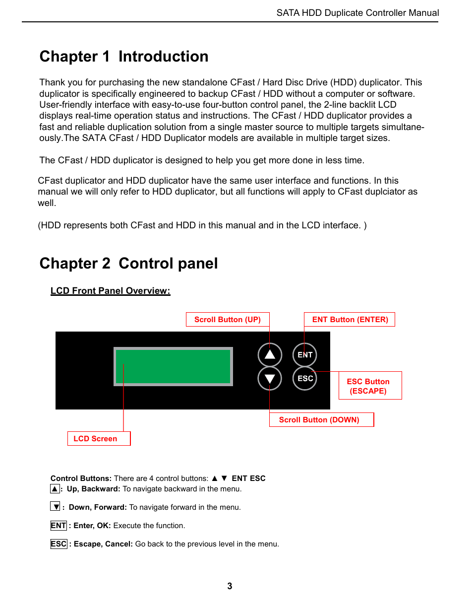 Chapter 1 introduction, Chapter 2 control panel | ILY CFast/HDD Duplicator User Manual | Page 4 / 22