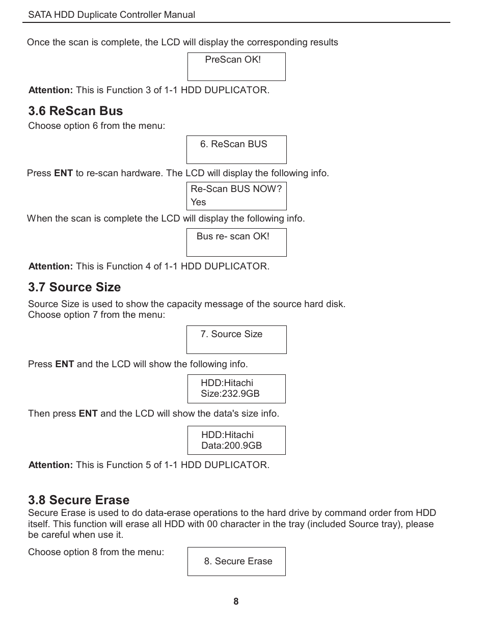 6 rescan bus, 7 source size, 8 secure erase | ILY CFast/HDD Duplicator User Manual | Page 9 / 22