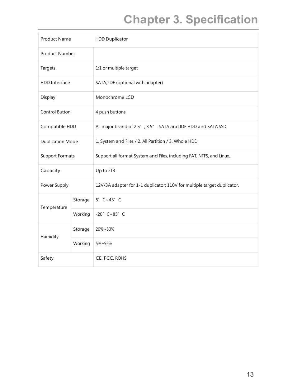 Chapter 3. specification | ILY HDD Duplicator User Manual | Page 13 / 13