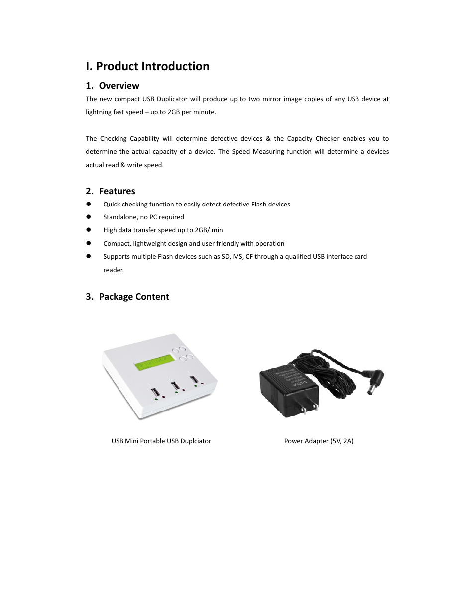 I. product introduction, Overview, Features | Package content | ILY USB Mini Portable USB Duplicator User Manual | Page 3 / 12