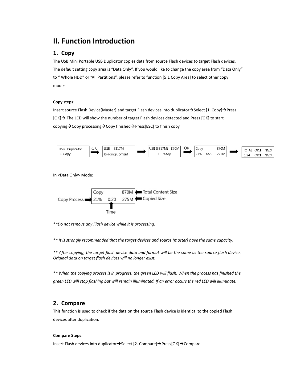 Ii. function introduction, Copy, Compare | ILY USB Mini Portable USB Duplicator User Manual | Page 6 / 12