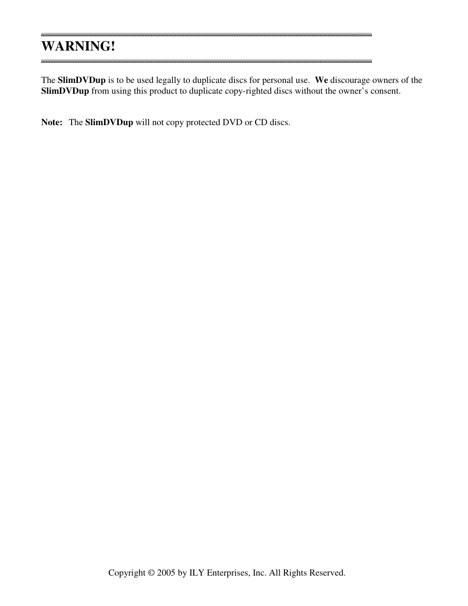 Warning | ILY SlimDVDup User Manual | Page 2 / 22