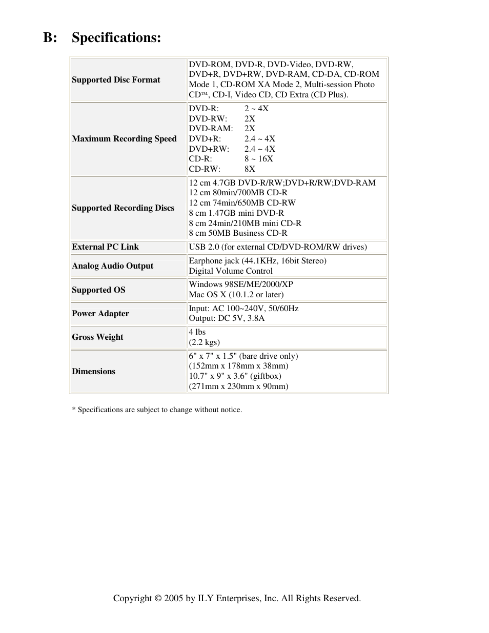 B: specifications | ILY SlimDVDup User Manual | Page 22 / 22