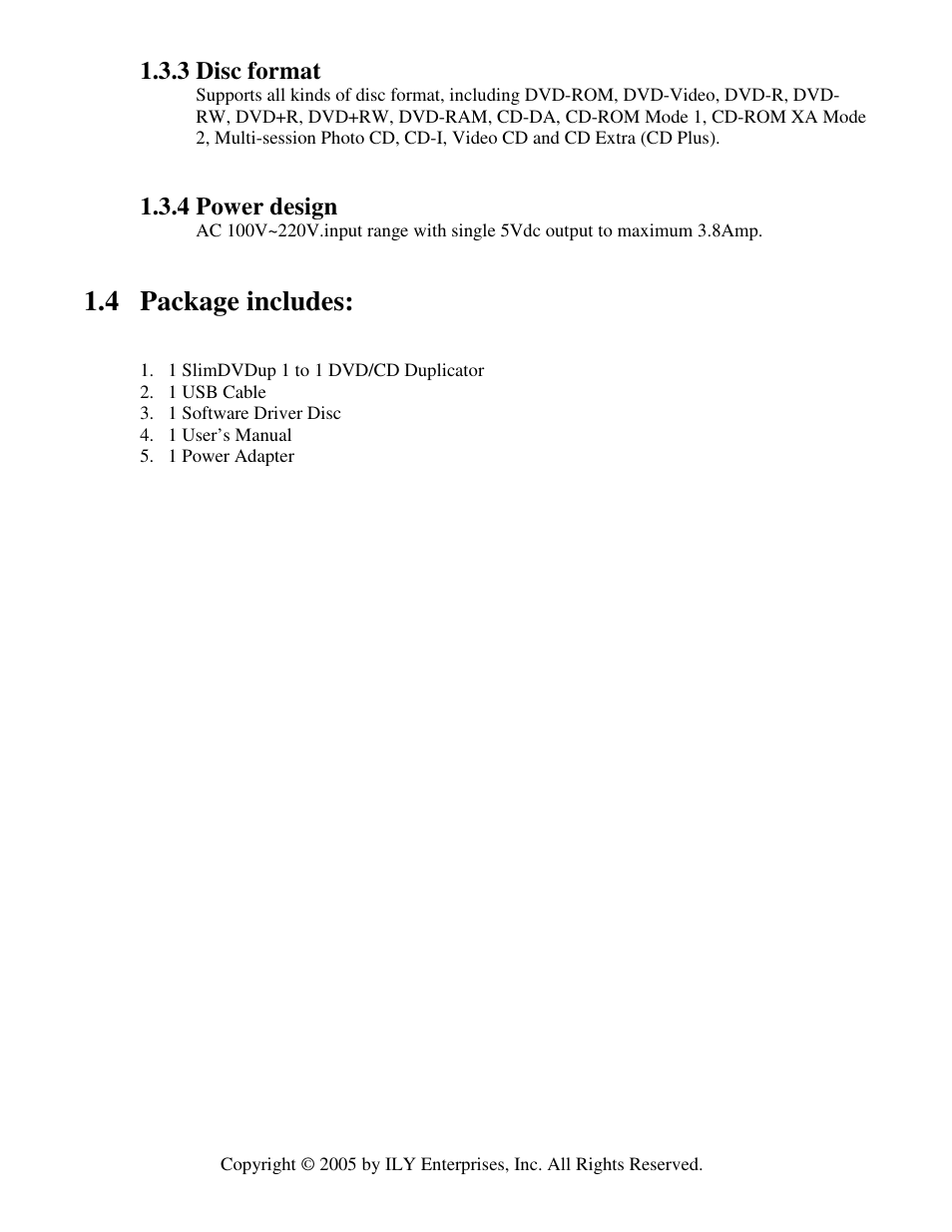 4 package includes, 3 disc format, 4 power design | ILY SlimDVDup User Manual | Page 6 / 22