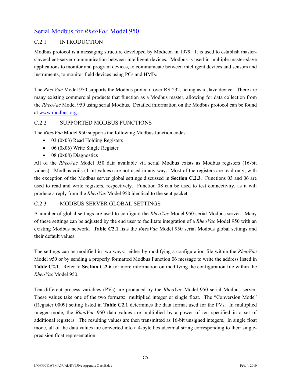 Serial modbus for rheovac model 950 | Intek RheoVac 950A User Manual | Page 42 / 49