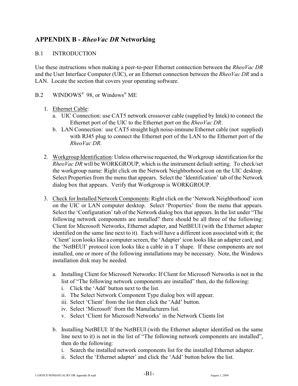 Appendix b - rheovac dr networking | Intek RheoVac DR User Manual | Page 30 / 34