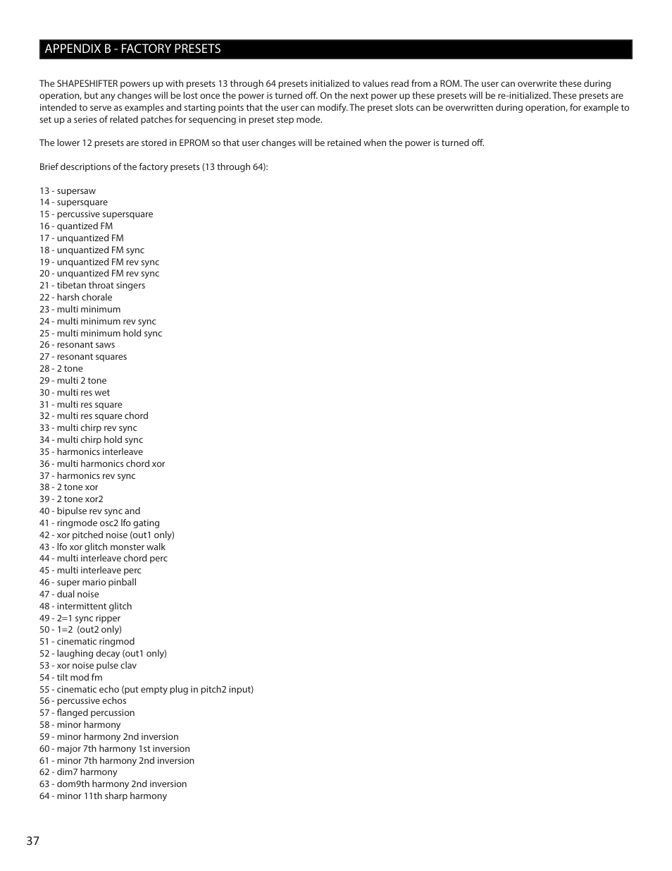 37 appendix b - factory presets | Intellijel Cylonix Shapeshifter v1.03 User Manual | Page 37 / 46