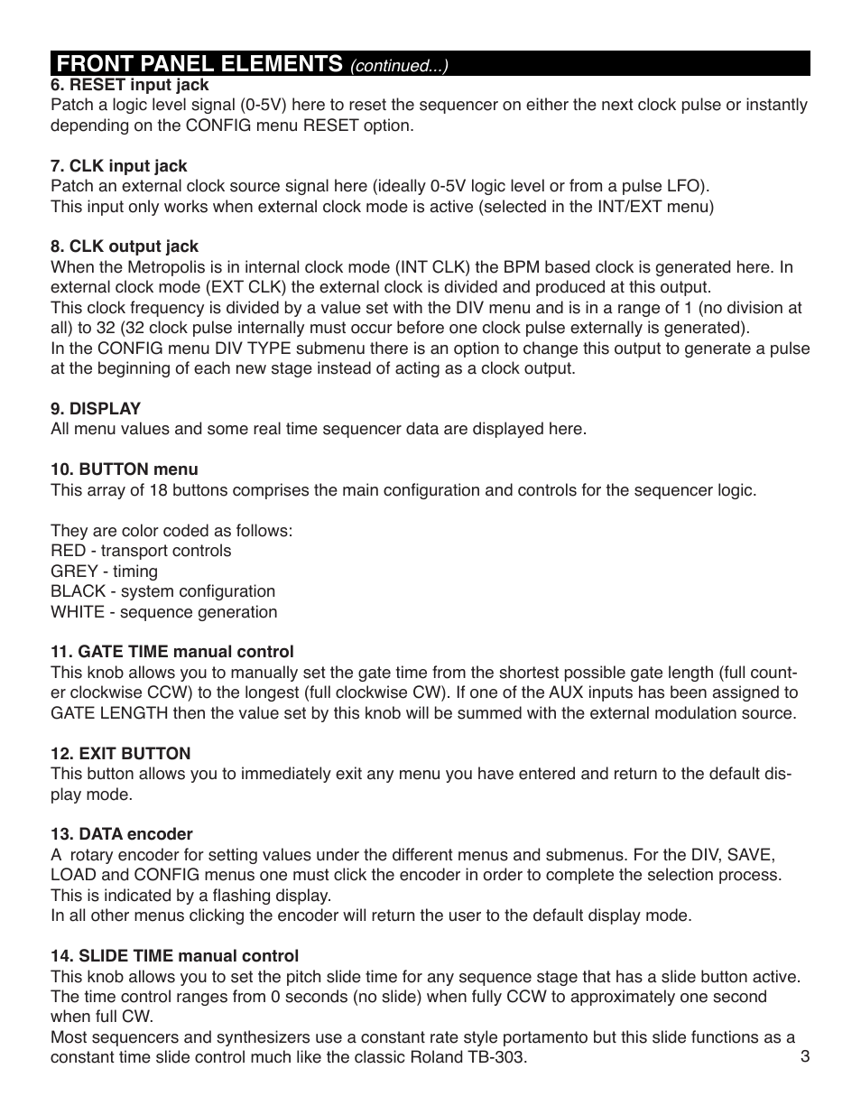 Front panel elements | Intellijel Metropolis User Manual | Page 3 / 17