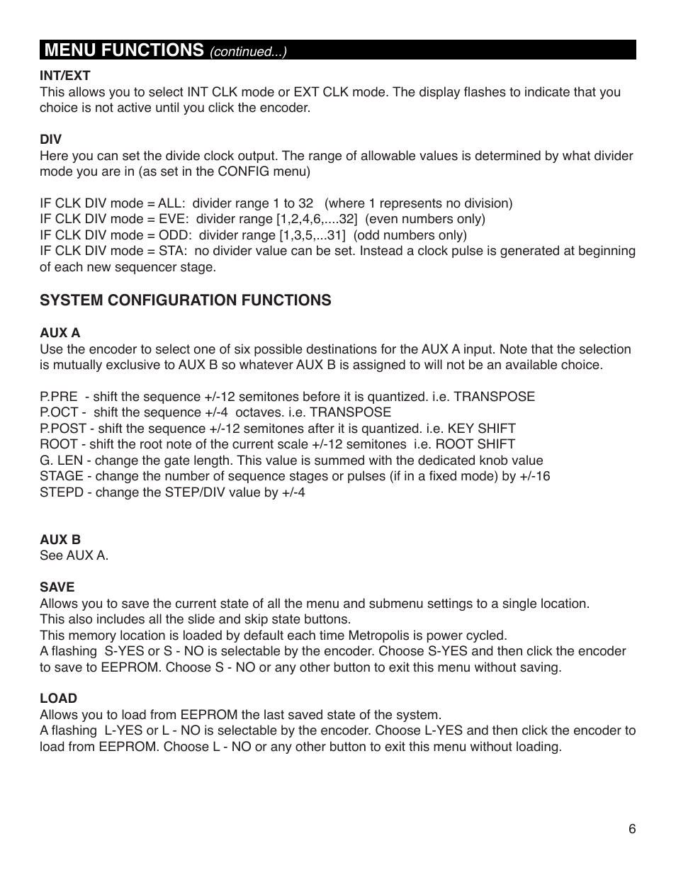 Menu functions | Intellijel Metropolis User Manual | Page 6 / 17