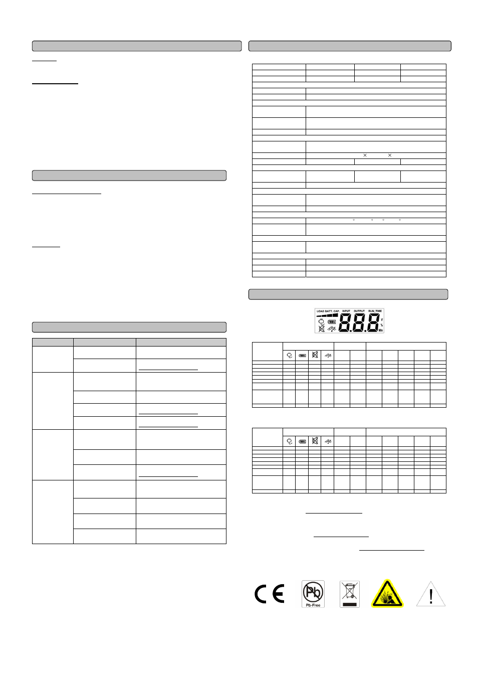 Ac mode, On-battery mode, Technical specifications | Value 1200e, Definitions for illuminated lcd indicators, Functional test, Storage, Trouble shooting | CyberPower Systems 1500E User Manual | Page 2 / 2