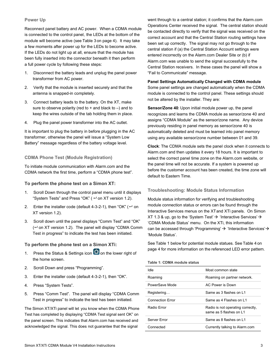 Power up, Cdma phone test (module registration), Troubleshooting: module status information | Interlogix Simon XTi CDMA Module V4 User Manual | Page 3 / 9