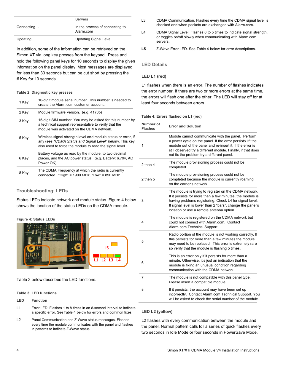 Troubleshooting: leds, Led details, Led l1 (red) | Led l2 (yellow), See table 4 | Interlogix Simon XTi CDMA Module V4 User Manual | Page 4 / 9