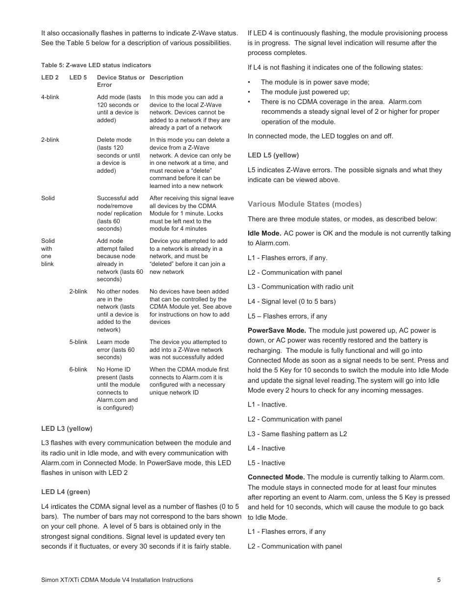 Led l3 (yellow), Led l4 (green), Led l5 (yellow) | Various module states (modes) | Interlogix Simon XTi CDMA Module V4 User Manual | Page 5 / 9