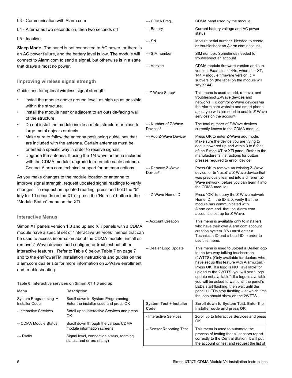 Improving wireless signal strength, Interactive menus | Interlogix Simon XTi CDMA Module V4 User Manual | Page 6 / 9
