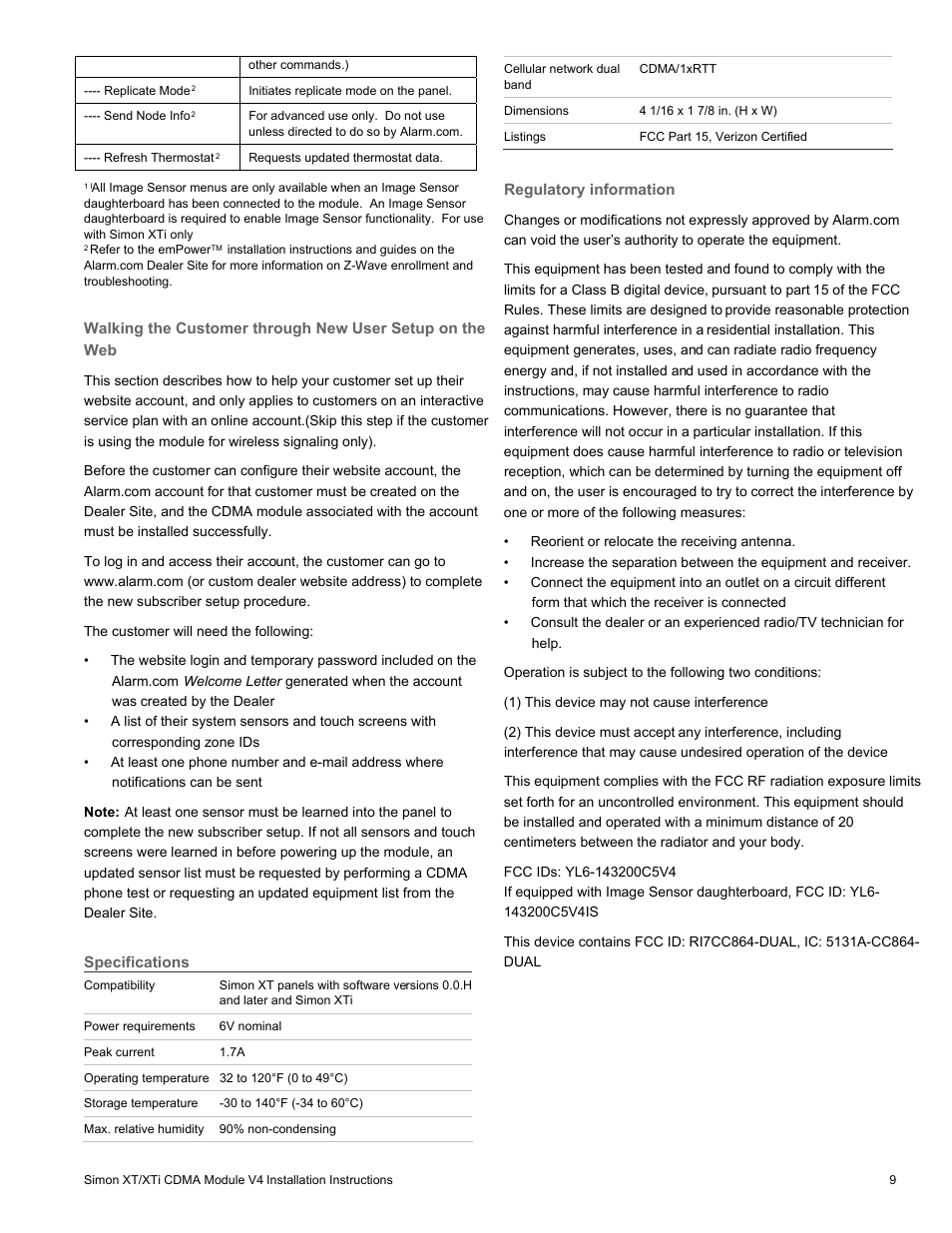 Specifications, Regulatory information | Interlogix Simon XTi CDMA Module V4 User Manual | Page 9 / 9