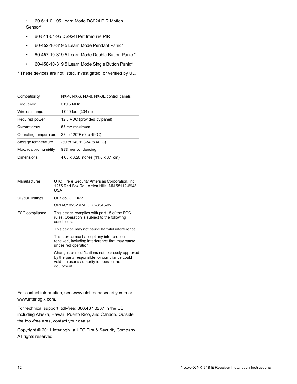 Specifications, Regulatory information, Contact information | Interlogix NX-548E User Manual | Page 12 / 12