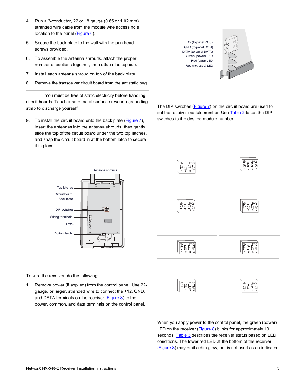 Wiring, Dip switch settings, Power up | Interlogix NX-548E User Manual | Page 3 / 12