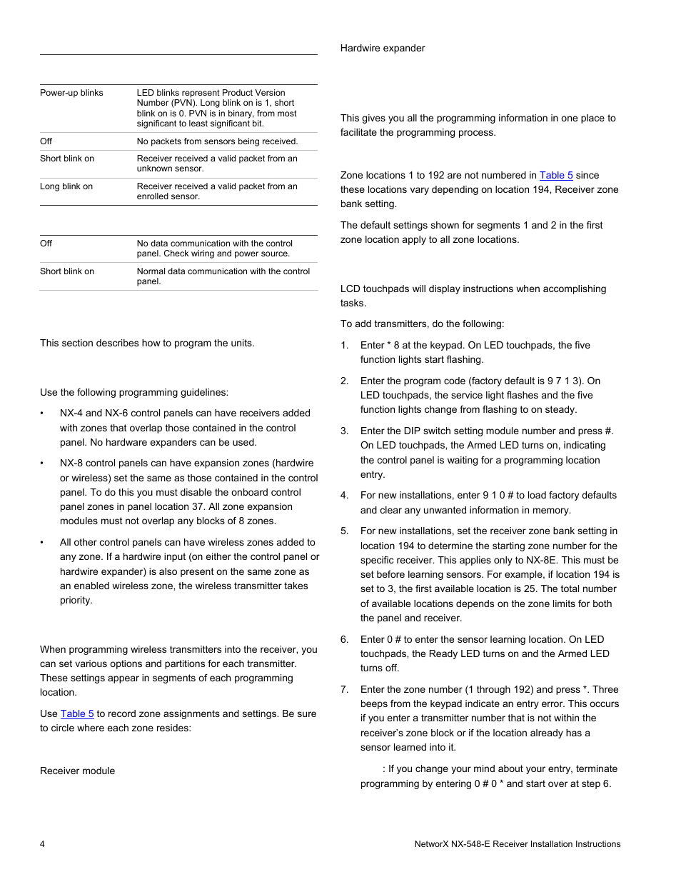 Programming, Programming guidelines, Transmitter programming | Panel, Add transmitters, Seconds, Table 3 | Interlogix NX-548E User Manual | Page 4 / 12