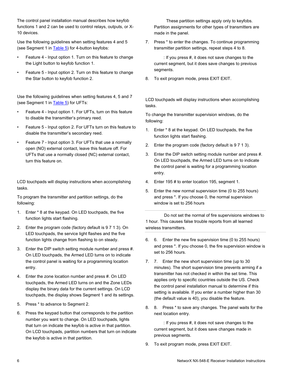 Partition settings for keyfobs, Transmitter supervision windows | Interlogix NX-548E User Manual | Page 6 / 12