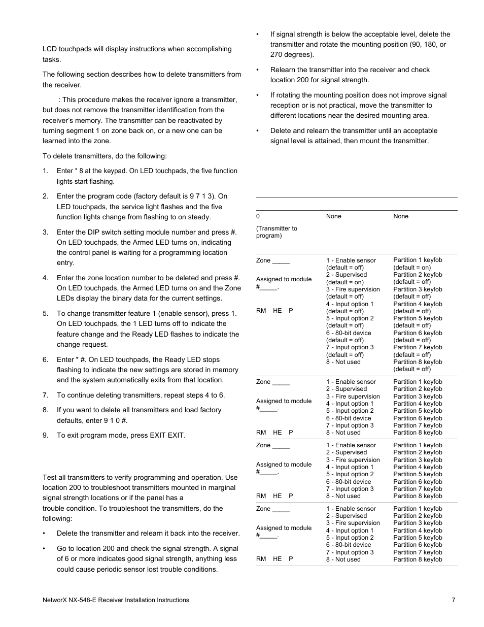Delete transmitters, Testing and troubleshooting, Programming settings table | Table 5 | Interlogix NX-548E User Manual | Page 7 / 12