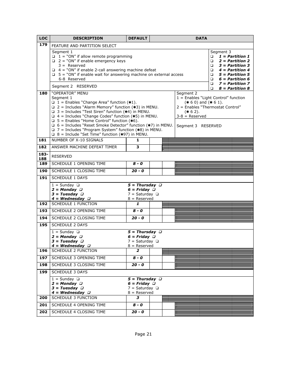 Page 21, 182 answer machine defeat timer 3 | Interlogix NX-540E User Manual | Page 21 / 32