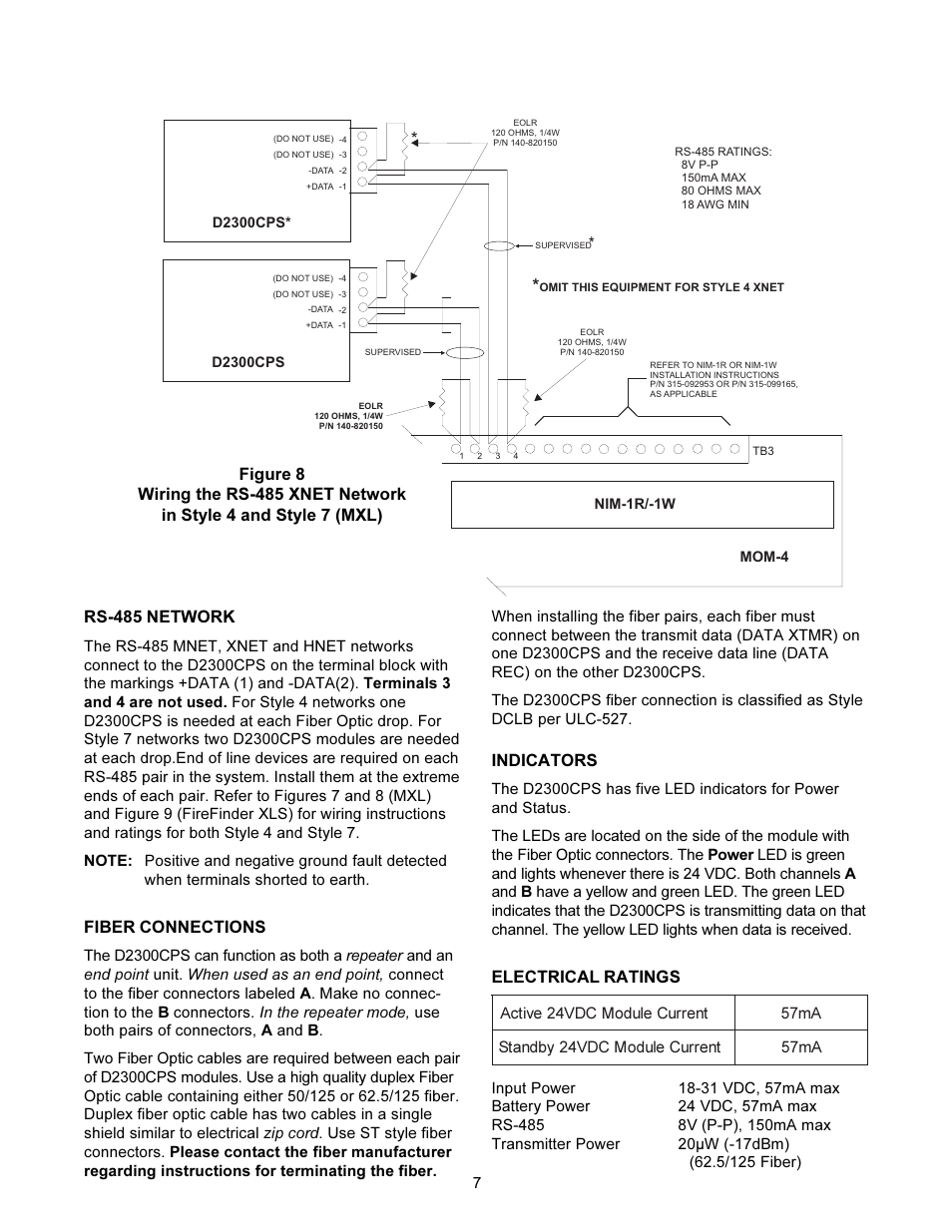 Fiber connections, Indicators, Electrical ratings | Interlogix D2300CPS Series User Manual | Page 7 / 10