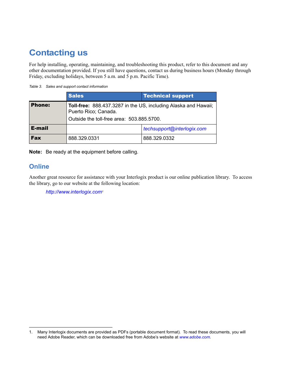 Contacting us, Online | Interlogix D2300CPS Series User Manual | Page 9 / 10