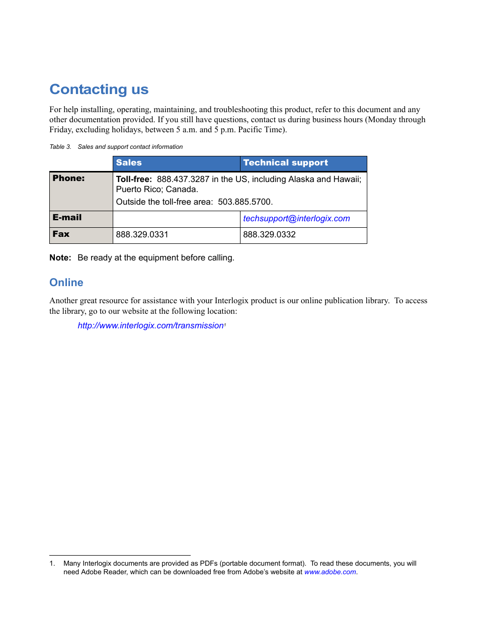 Contacting us, Online | Interlogix DE7400 Series User Manual | Page 7 / 9