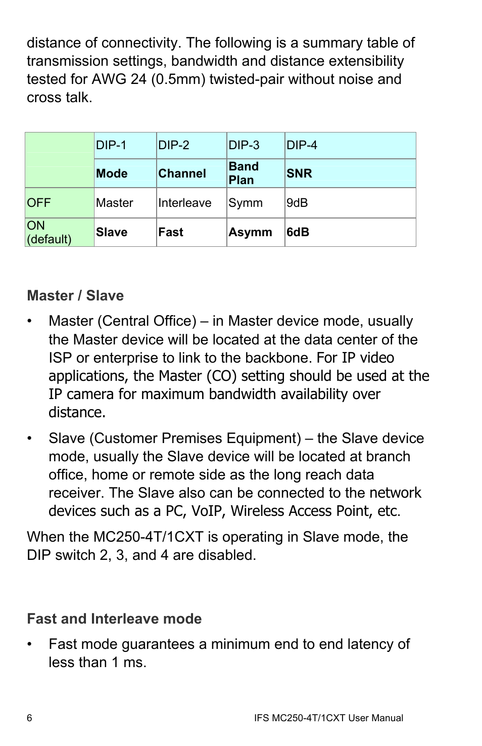 Master / slave, Fast and interleave mode | Interlogix MC250-4T/1CXT User Manual | Page 12 / 25