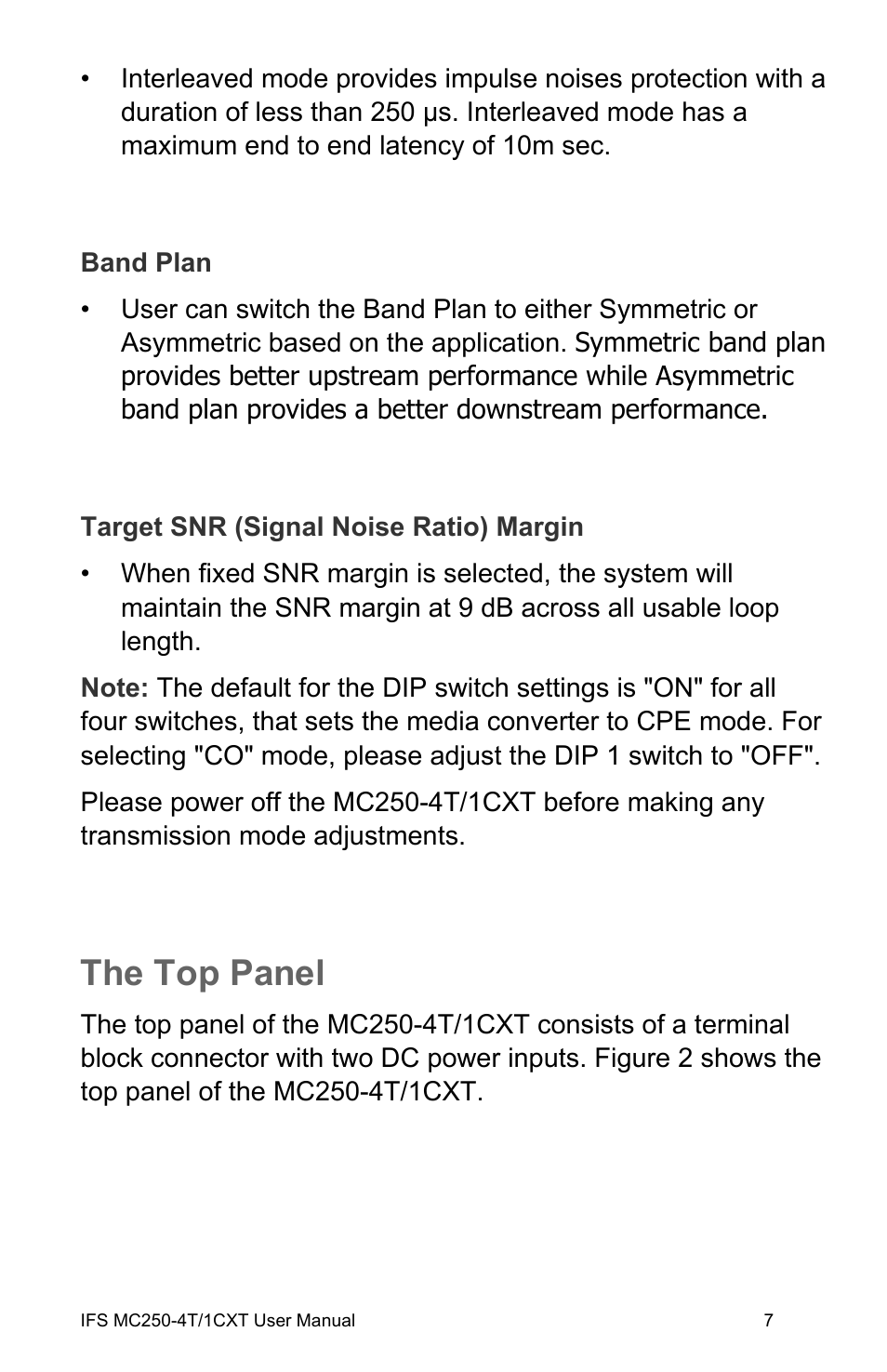 Band plan, Target snr (signal noise ratio) margin, The top panel | Interlogix MC250-4T/1CXT User Manual | Page 13 / 25