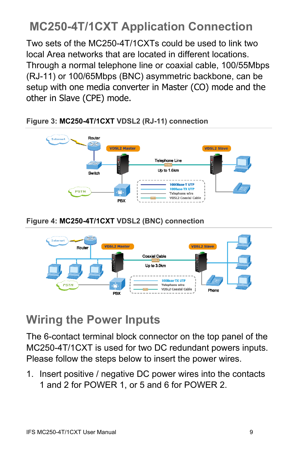 Mc250-4t/1cxt application connection, Wiring the power inputs, Nection 9 | Wiring the power inputs 9 | Interlogix MC250-4T/1CXT User Manual | Page 15 / 25
