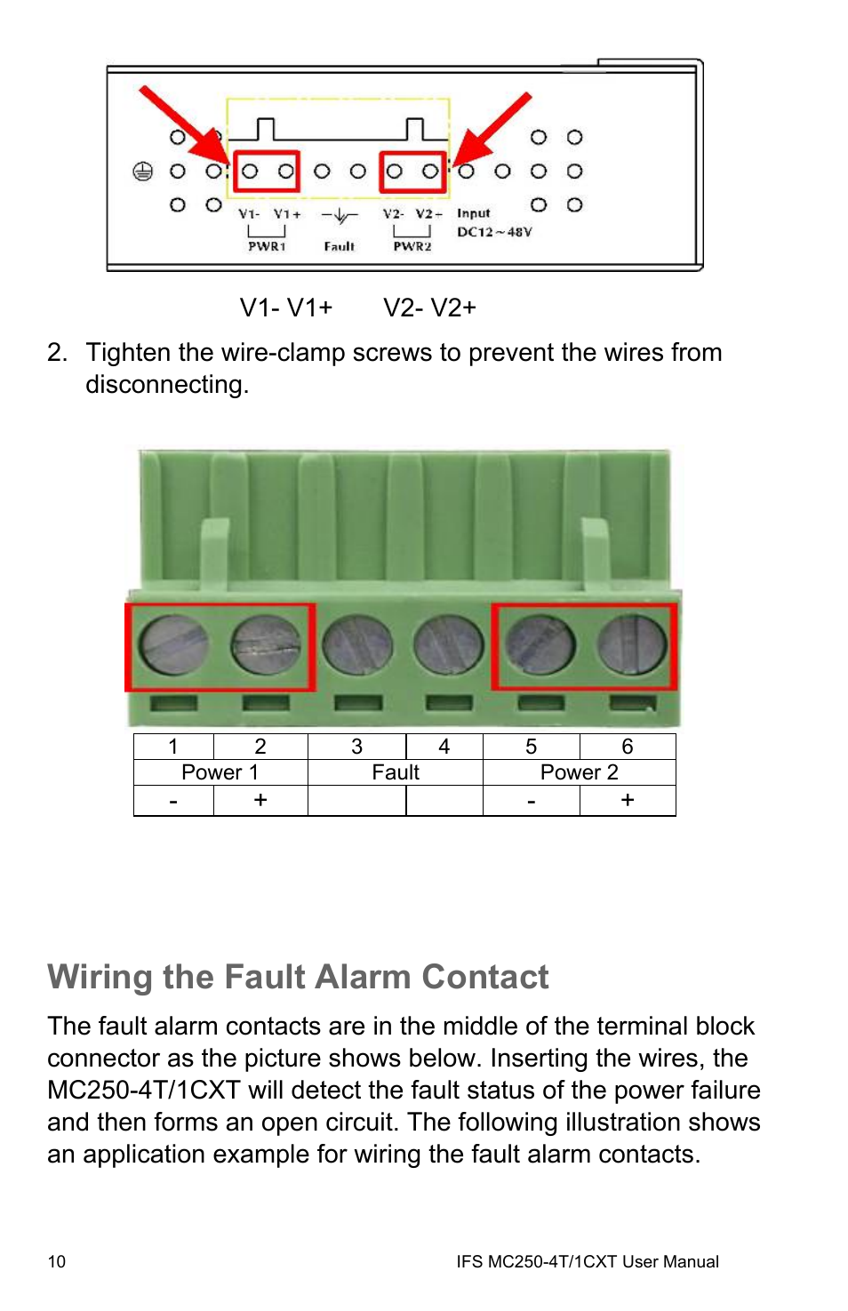 Wiring the fault alarm contact | Interlogix MC250-4T/1CXT User Manual | Page 16 / 25