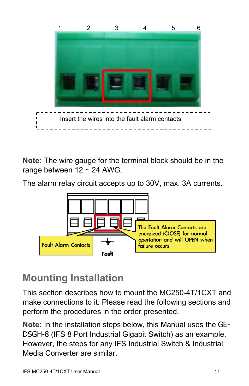 Mounting installation, Mounting installation 11 | Interlogix MC250-4T/1CXT User Manual | Page 17 / 25