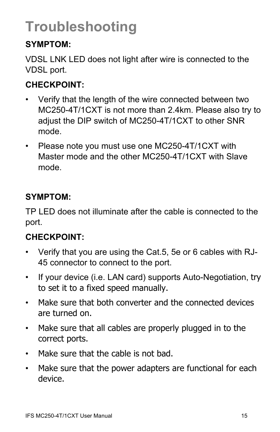 Troubleshooting, Troubleshooting 15 | Interlogix MC250-4T/1CXT User Manual | Page 21 / 25