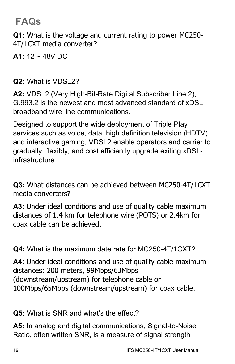 Faqs, Faqs 16 | Interlogix MC250-4T/1CXT User Manual | Page 22 / 25