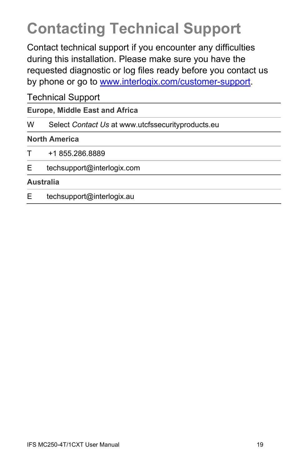 Contacting technical support, Contacting technical support 19 | Interlogix MC250-4T/1CXT User Manual | Page 25 / 25