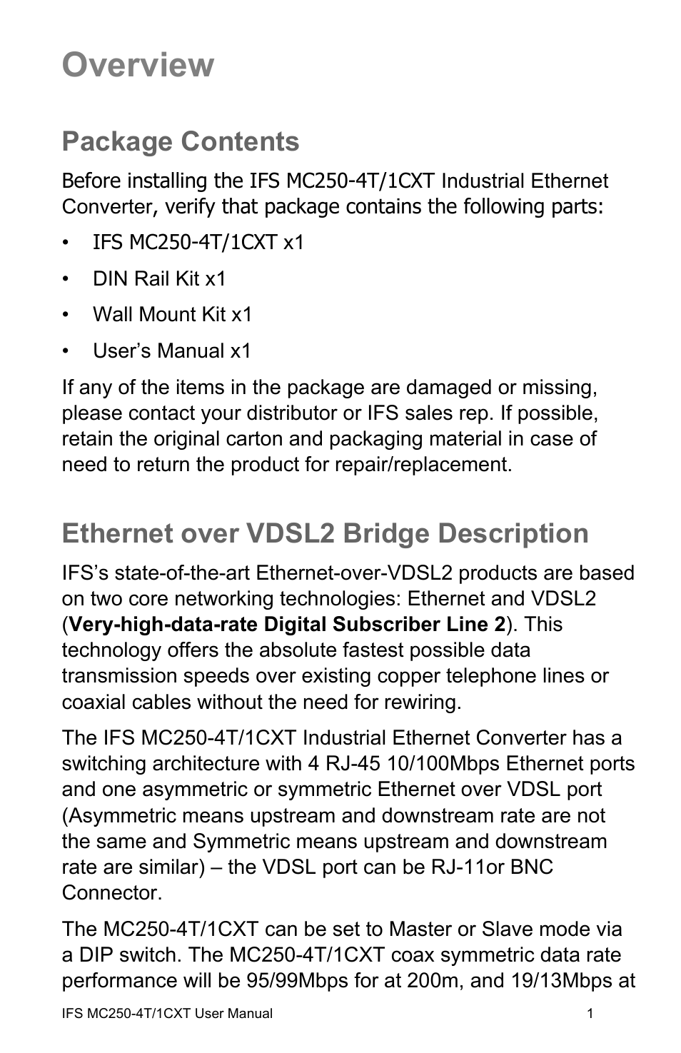 Overview, Package contents, Ethernet over vdsl2 bridge description | Package contents 1 | Interlogix MC250-4T/1CXT User Manual | Page 7 / 25