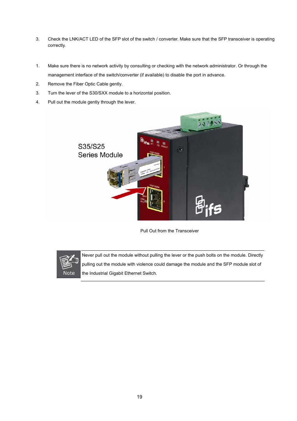 2 remove the transceiver module | Interlogix MC350-4T-2S User Manual | Page 19 / 32